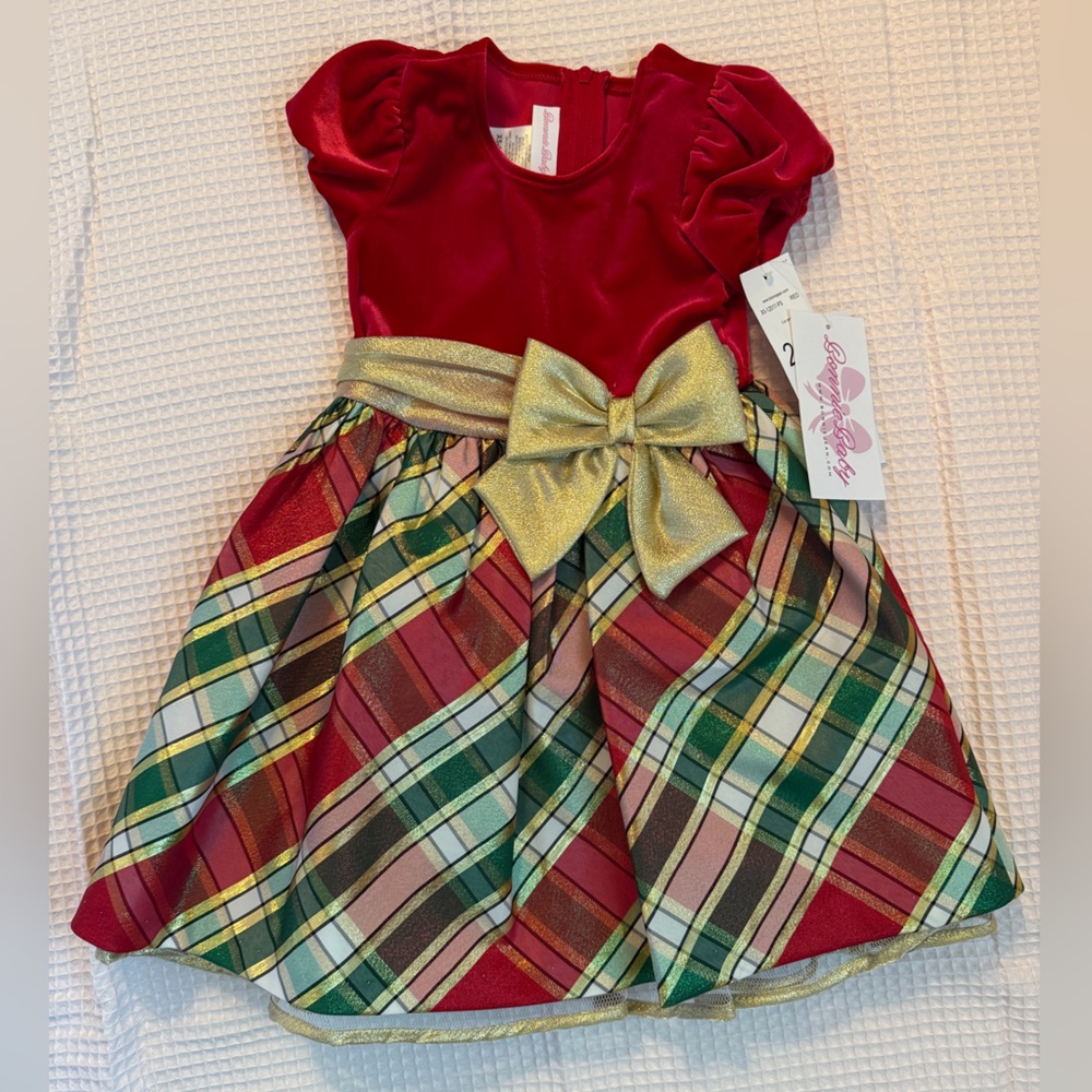 Bonnie Jean Red and Green Plaid Dress with Gold Bow